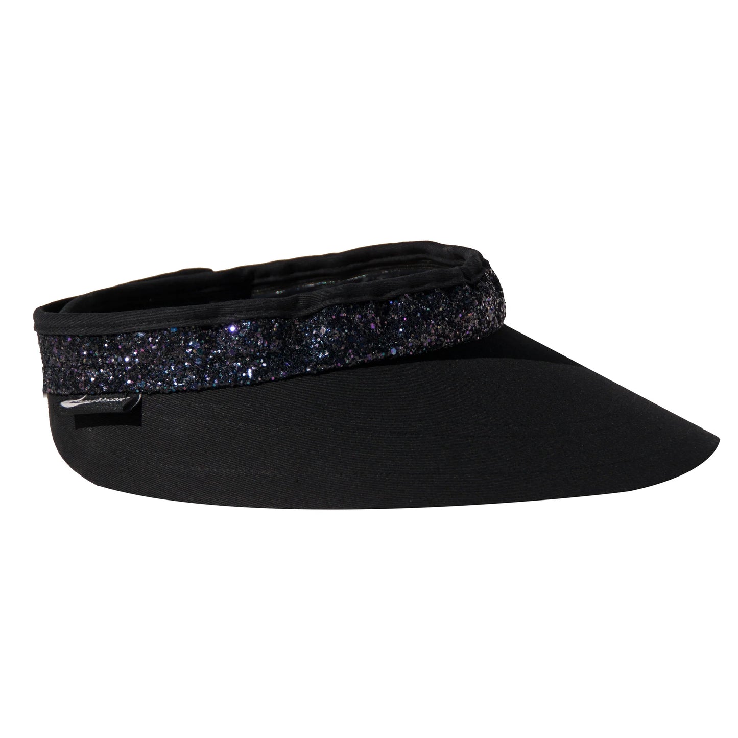 Black visor with a glittery band on a white background