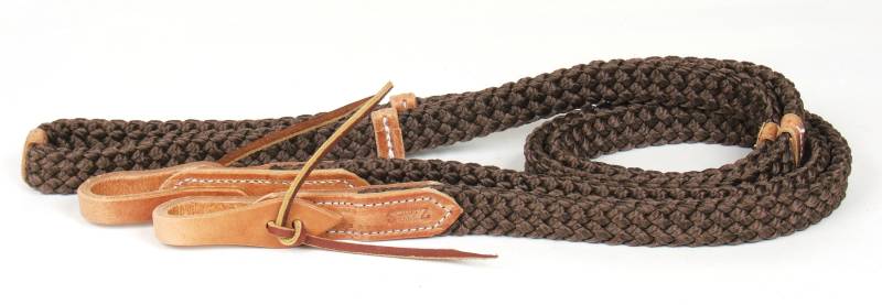 Brown nylon reins with leather accents and pineapple knots