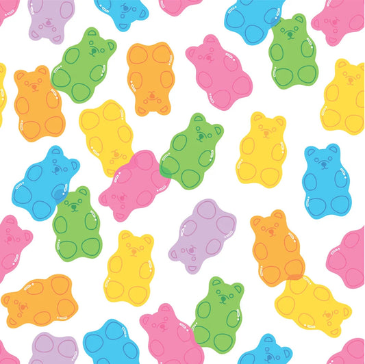 Fabric swatch of colored gummy bears print.