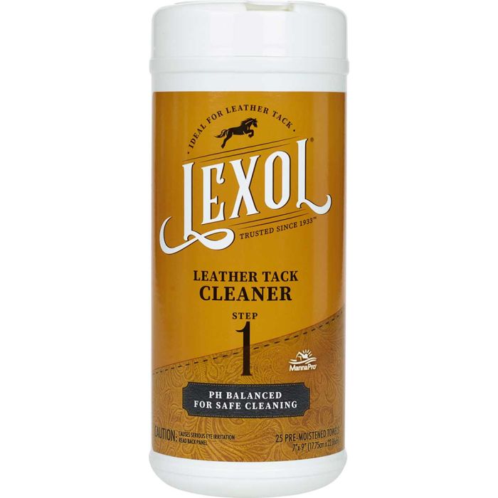 Tan canister of Lexol leather cleaner wipes