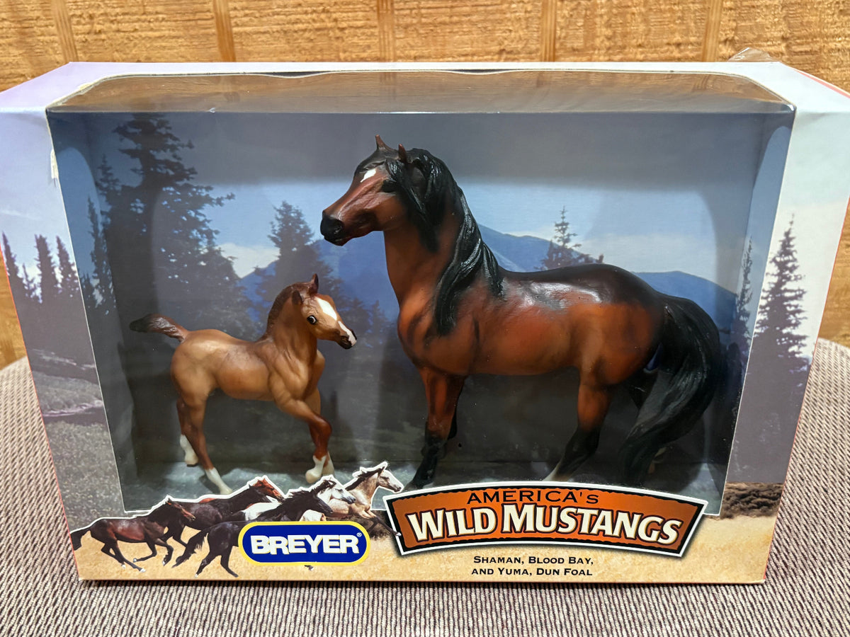 Breyer America's Wild Mustangs toy set in its original window box packaging, featuring Shaman, blood Bay and Yuma, dun foal.