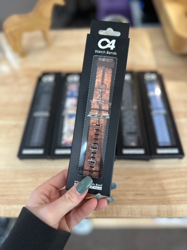 Brand C4 watch band for Apple Watch. Leather-look band with silver bits print.