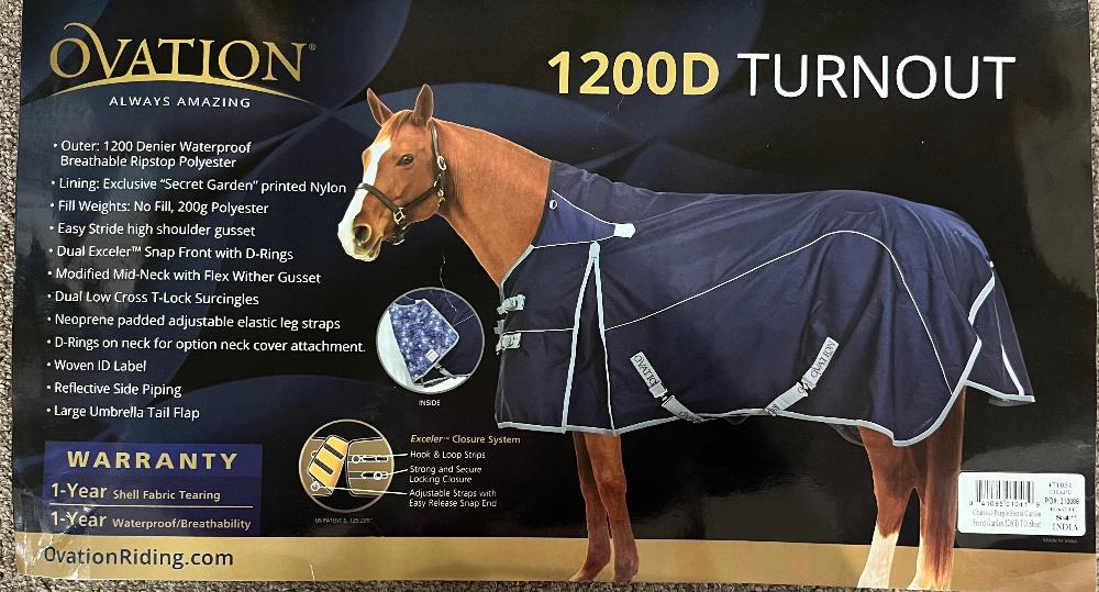 Photo of a horse wearing a navy sheet with shoulder gussets. Print info is to the left of the image