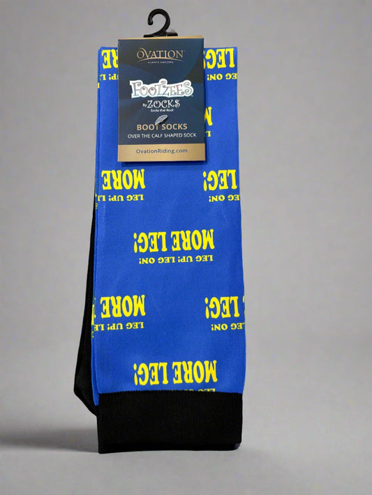 tall blue socks with yellow "more leg" text.