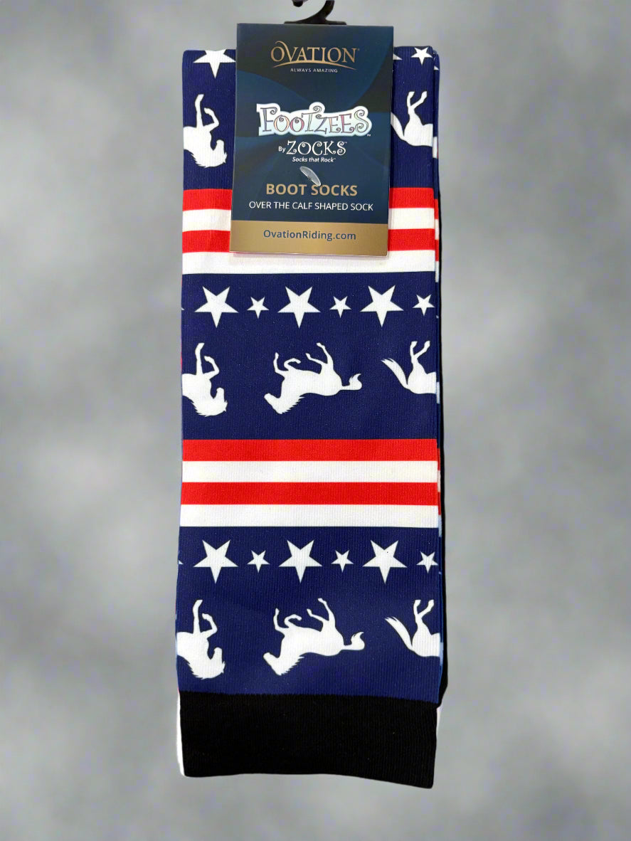 Tall red, white, and blue socks with white horse silhouettes