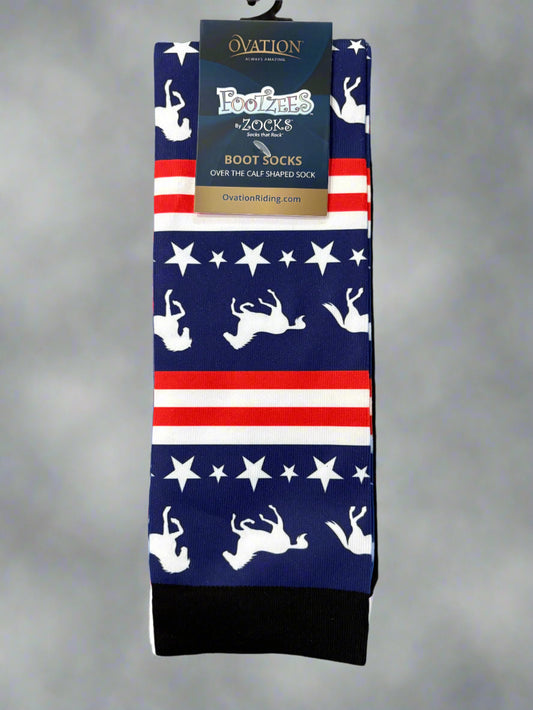 Tall red, white, and blue socks with white horse silhouettes