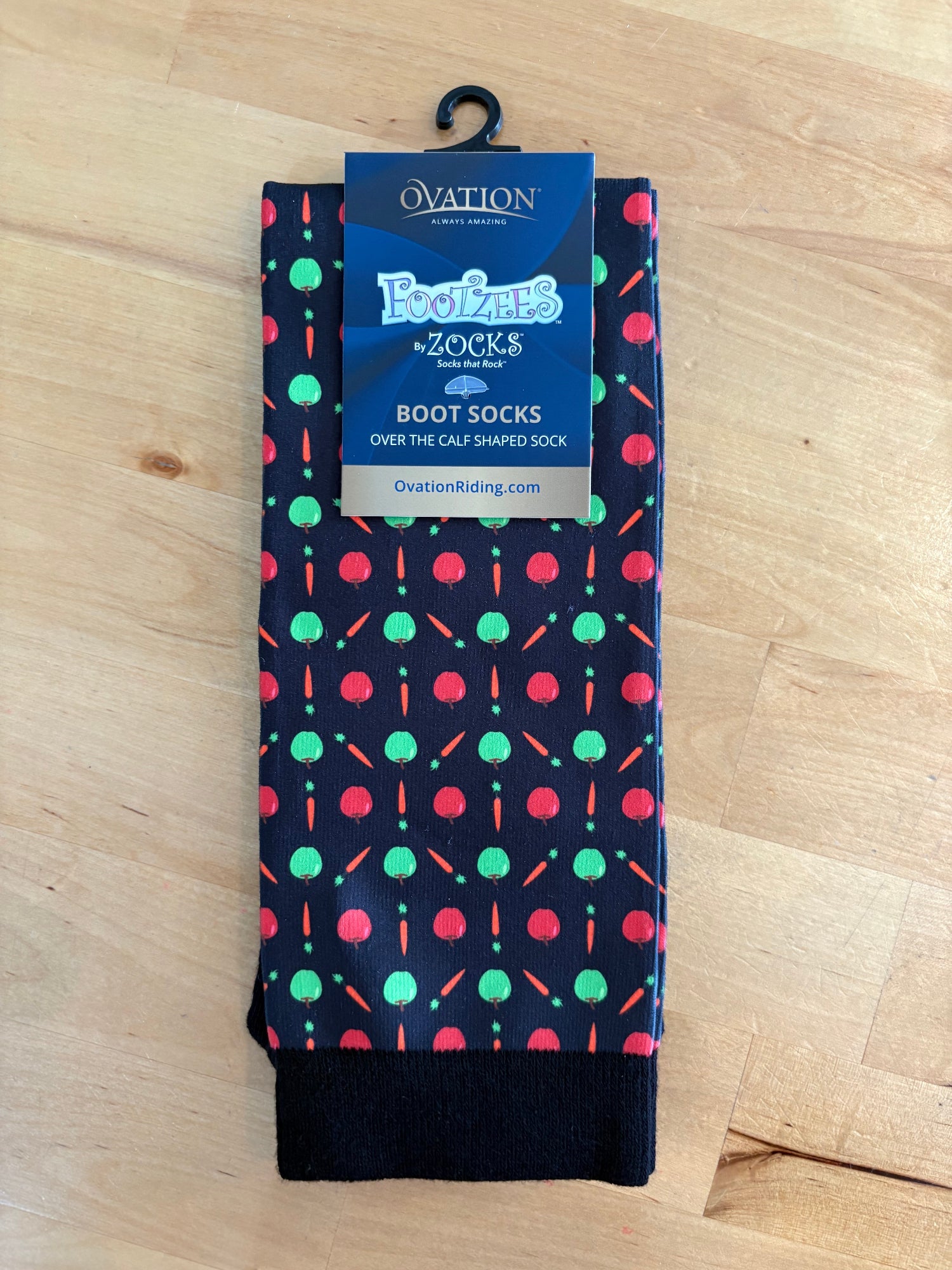 Socks with cute print of green and red apples, and carrots
