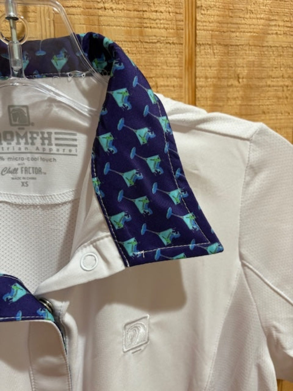 Romfh branded equestrian show shirt showing the pattern on the inside of the collar; Navy and turquois martini glasses
