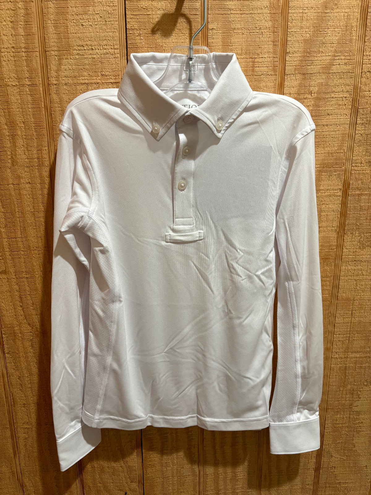 Boys white long sleeve equestrian show shirt with loop to hold tie
