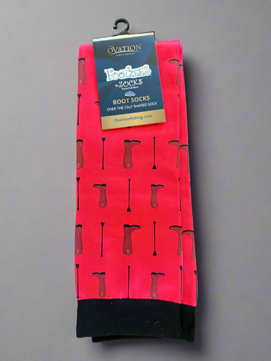 red socks with a pattern of tall boots and crops