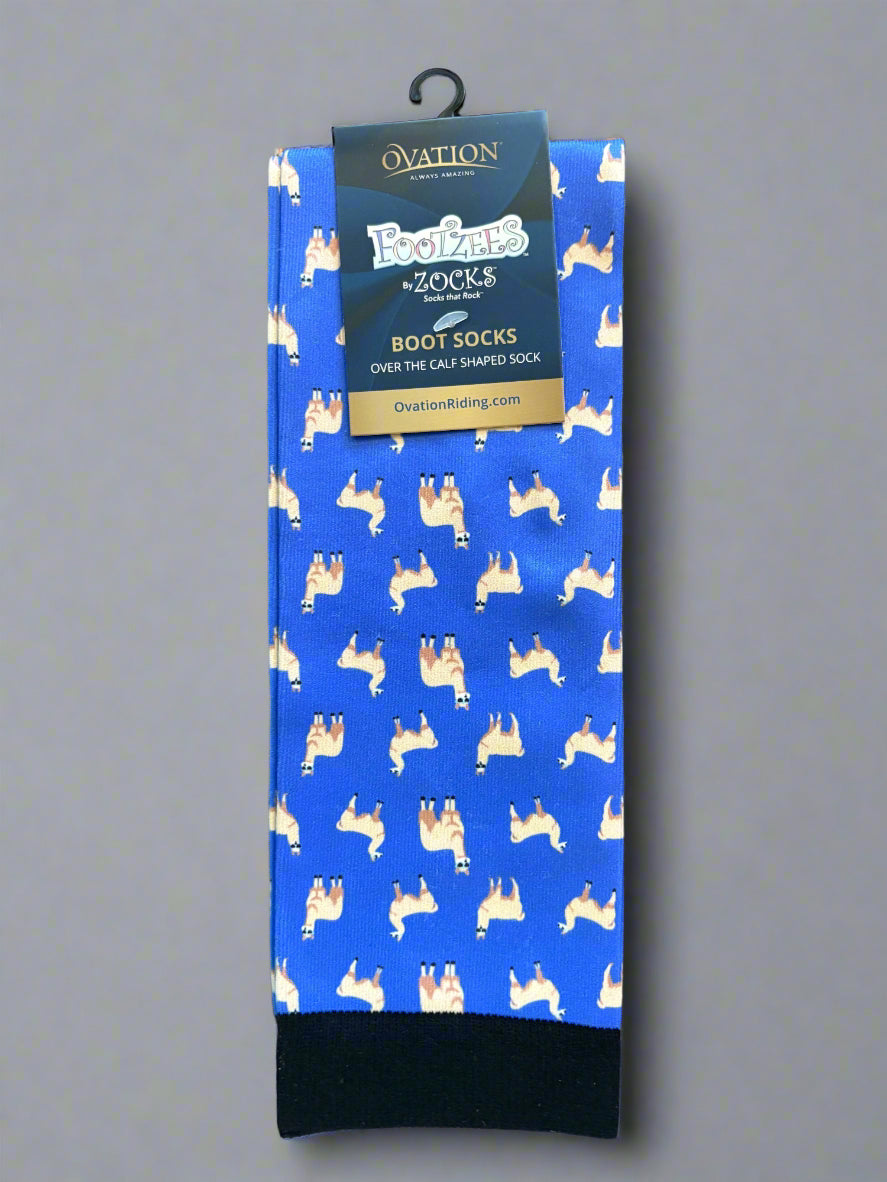 blue socks with yellow llama pattern