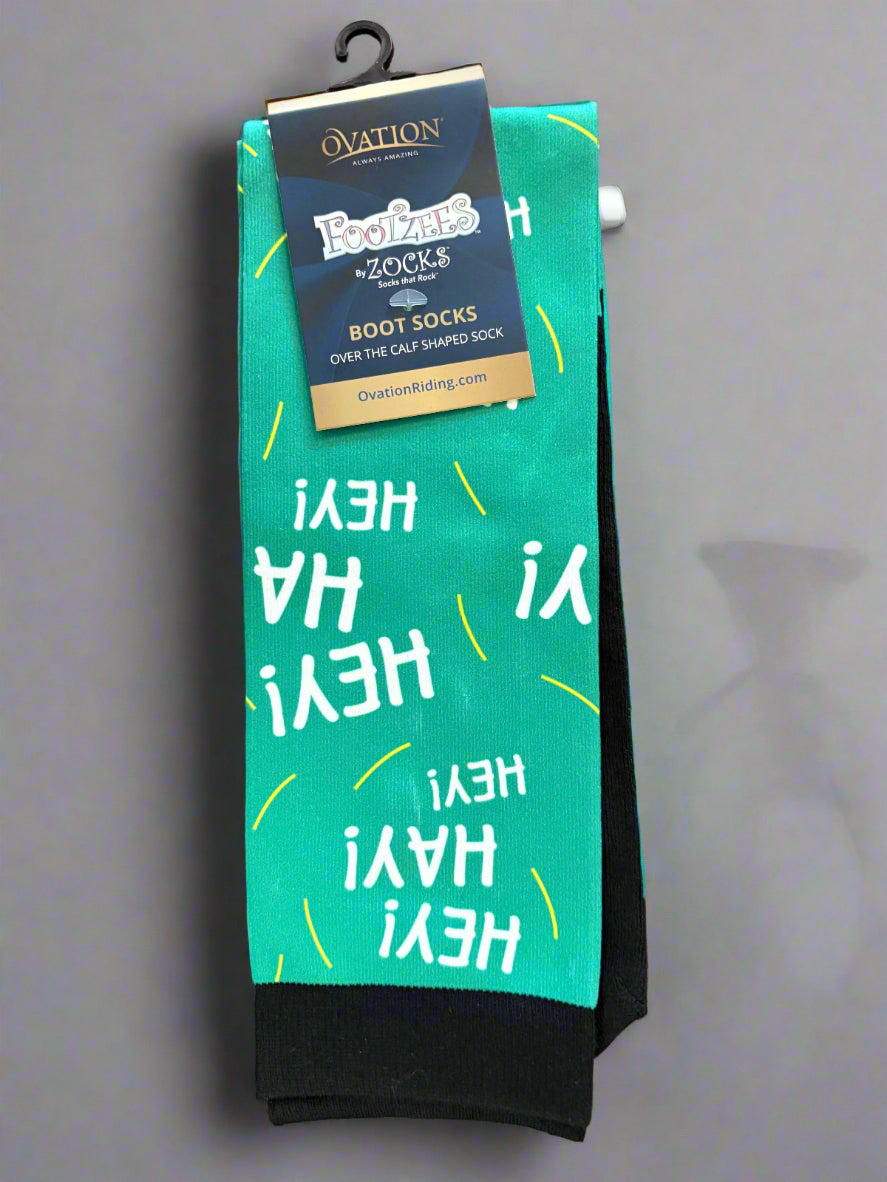 pair of green socks with text "hey! hay!"