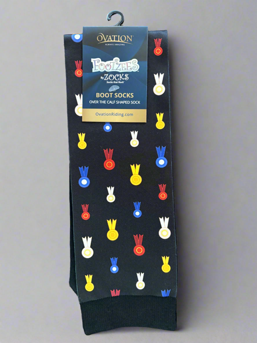 pair of socks with colorful show ribbons on a dark background