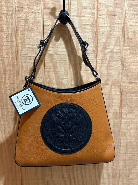 Chestnut leather handbag with black leather fox embossed on front