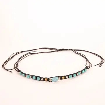 Hat band for cowboy/girl hat. Thin cords weaving turquoise stone embellishments