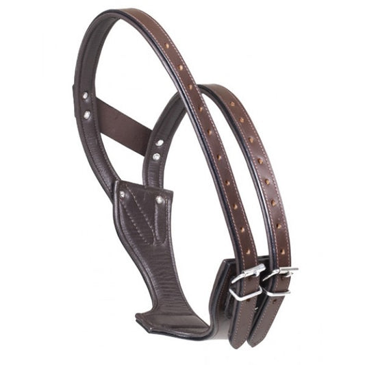 brown leather equine cribbing collar with dual buckled straps