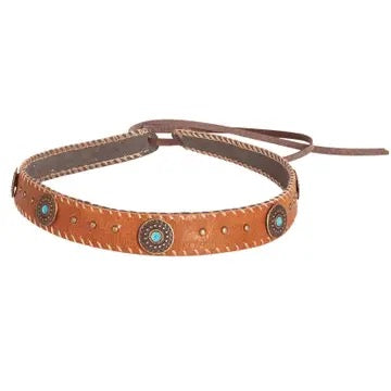 Hat band for cowboy/girl hat. Light brown with light brown stitching and turquoise embellishments