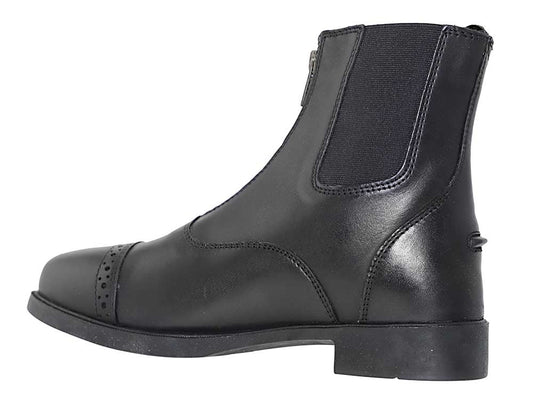 Black front zip equestrian paddock boot with tooled leather at the toe and spur rest at the heel
