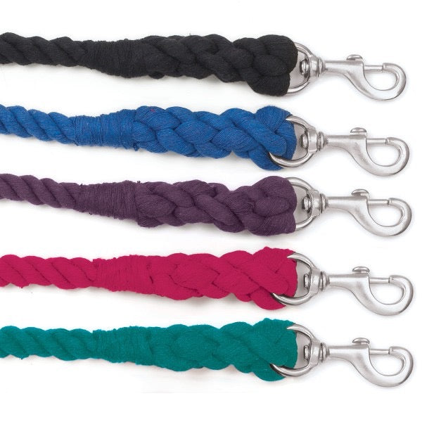 Five colored lead ropes with silver colored snaps. Black, blue, purple, raspberry and green