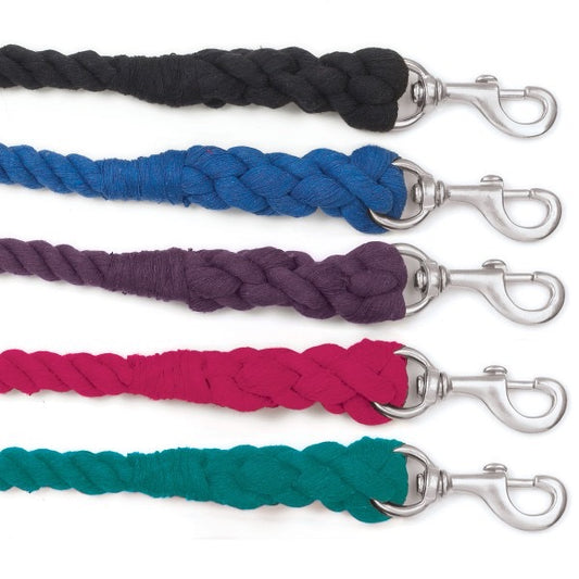 Five colored lead ropes with silver colored snaps.  Black, blue, purple, raspberry and green