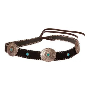 Hat band for cowboy/girl hat. Dark band with dots of turquoise and three silver conches