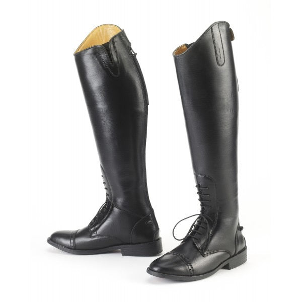 Black leather look tall equestrian riding boots with front laces