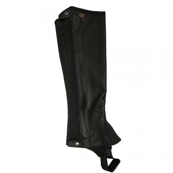 black leather equestrian riding half chap with stretch ribbed panel