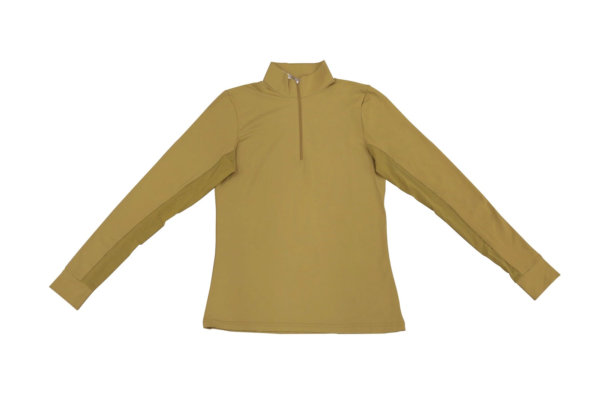 picture of a long sleeve quarter zip riding shirt with mesh along the under sleeve.  Color is fennel seed