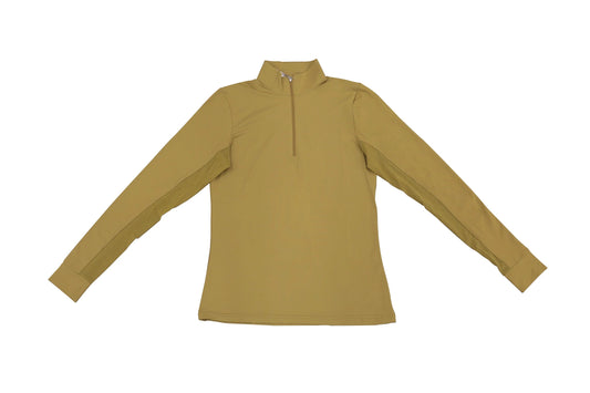 picture of a long sleeve quarter zip riding shirt with mesh along the under sleeve.  Color is fennel seed