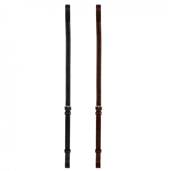 showing 2 pieces of leather equestrian tack with buckles intended for martingale attachment