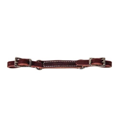 Brown piece of leather with buckles on each end for attaching to a horse's bit