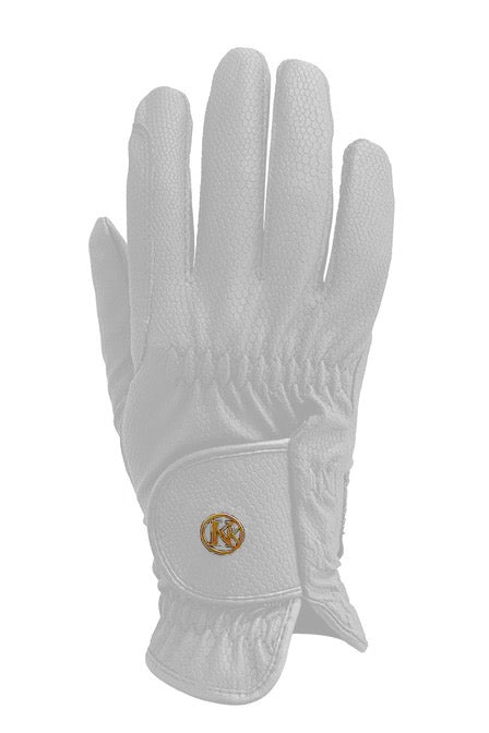 White synthetic leather fitted glove. Velcro enclosure at wrist with a gold K logo