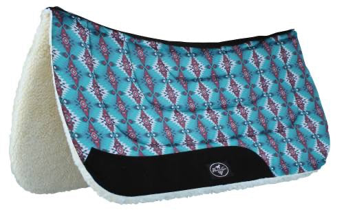 Western style contoured saddle pad with a  turquoise and red-ish color print.