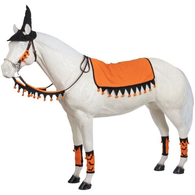 Model horse wearing orange and black halloween accessories: witch hat, rein and bridle decoration. leg wraps and saddle pad.