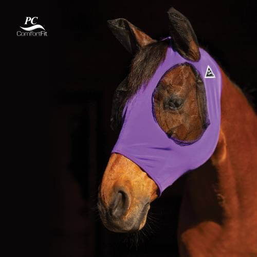 Bay horse shown wearing a purple lycra fly mask with large netting areas around the eyes