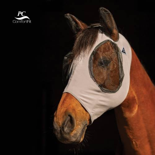 Bay horse shown wearing a sand colored lycra fly mask with large netting areas around the eyes