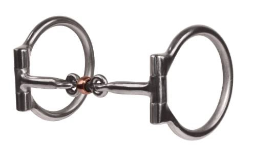 Equine D-ring snaffle bit with brass roller in the center