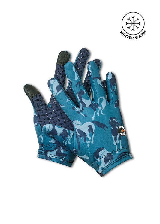 Equestrian riding gloves with galloping horses. Main color is aquamarine