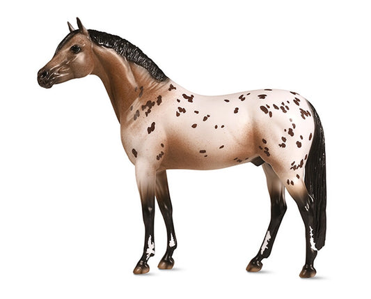 Model horse light brown color with full Appaloosa blanket (very light with several dark spots)
