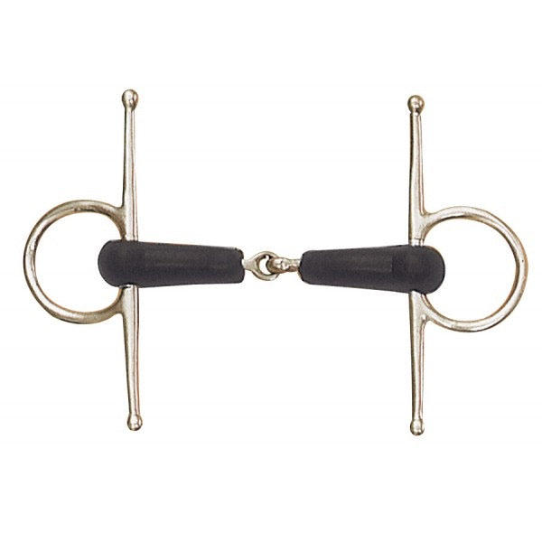 Equestrian snaffle bit with full cheek design and black rubber mouth
