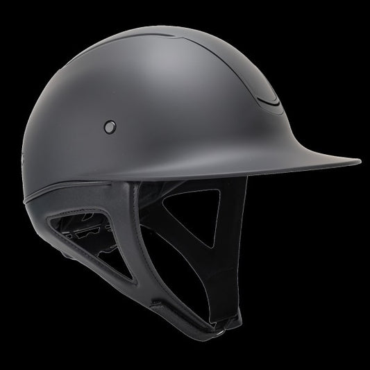 Black equestrian riding helmet shown on a black background