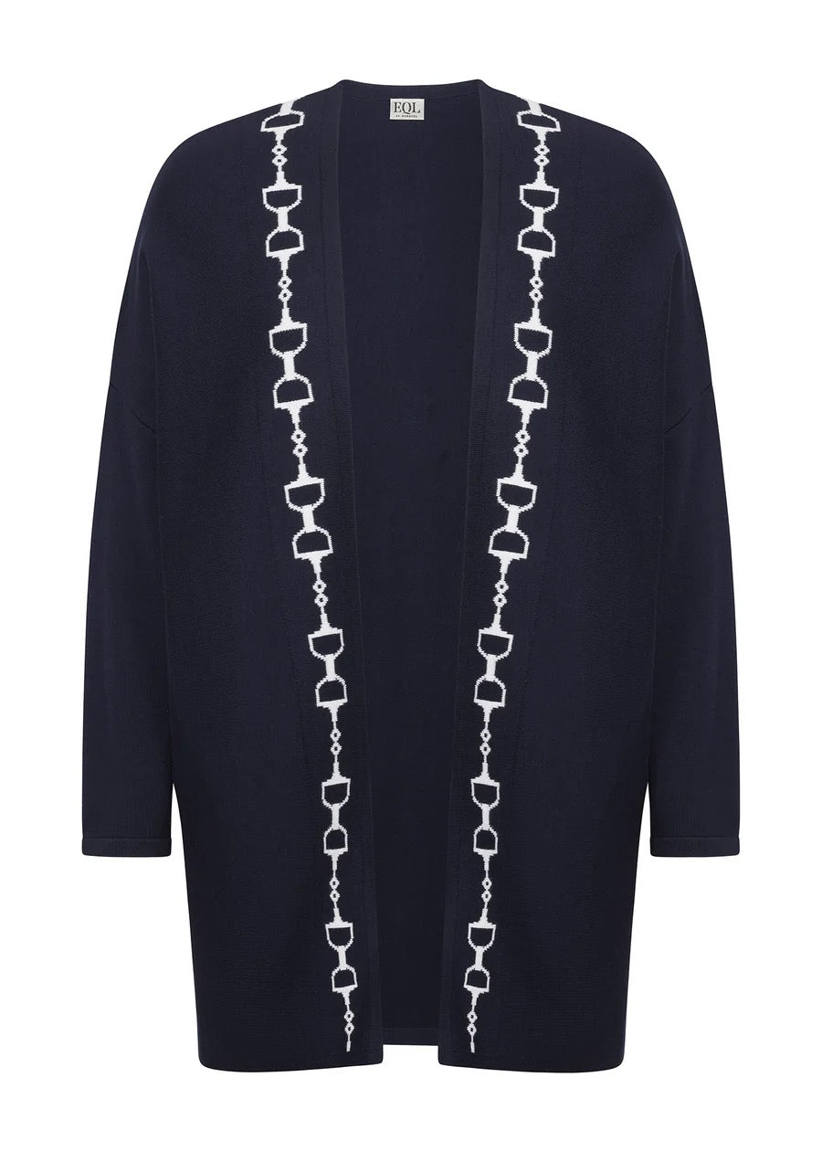 Navy cardigan sweater with a white equestrian Dee Bit design down the front.  below hip length