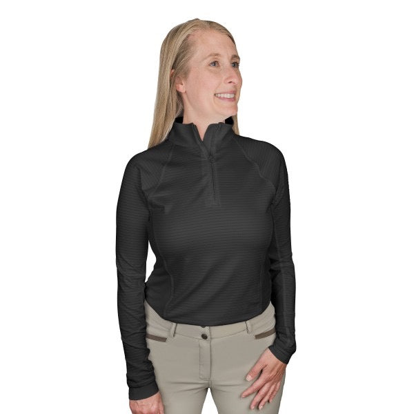 Female modeling a black long sleeve shirt with 1/4 zip front and collar.