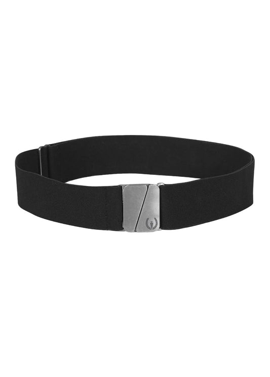 Black elastic belt with flat silver buckle with Kerrits' logo