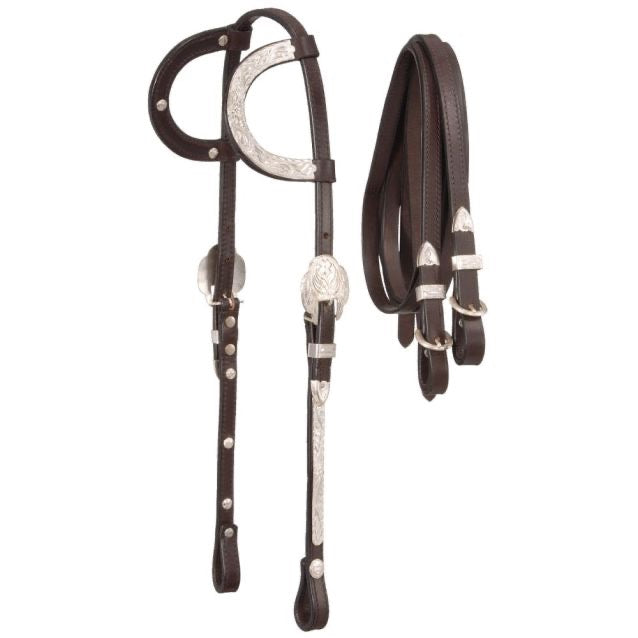 Dark leather western headstall with silver accents