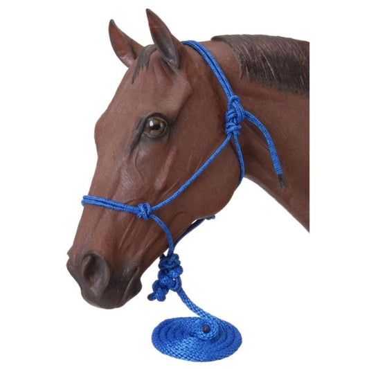 Model horse head with a royal blue rope halter with lead rope