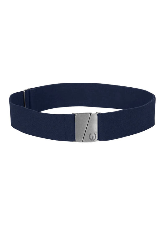 Navy elastic belt with flat silver buckle with Kerrits' logo