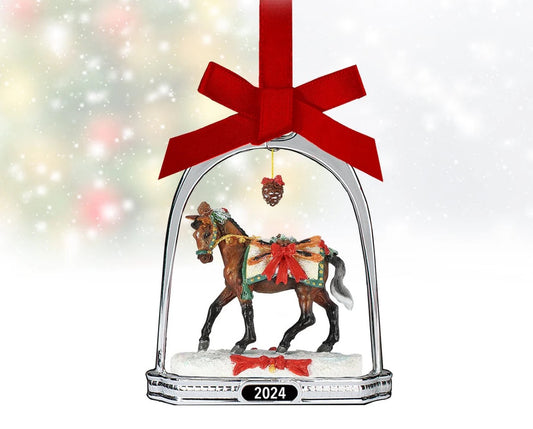 Christmas ornament.  Equestrian silver stirrup with a red bow to hang - showing a decorated horse in the center.