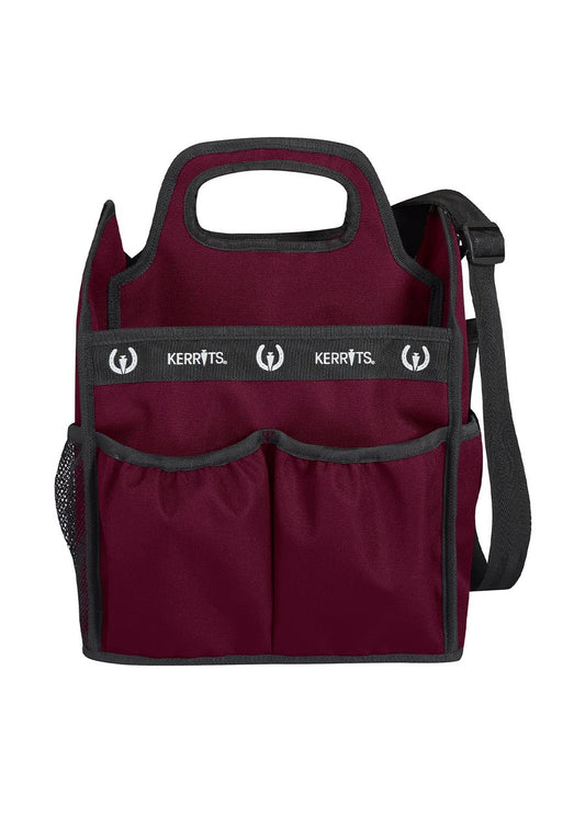 Kerrits branded equestrian grooming tote, dark rose with black trim. Handles and shoulder strap.