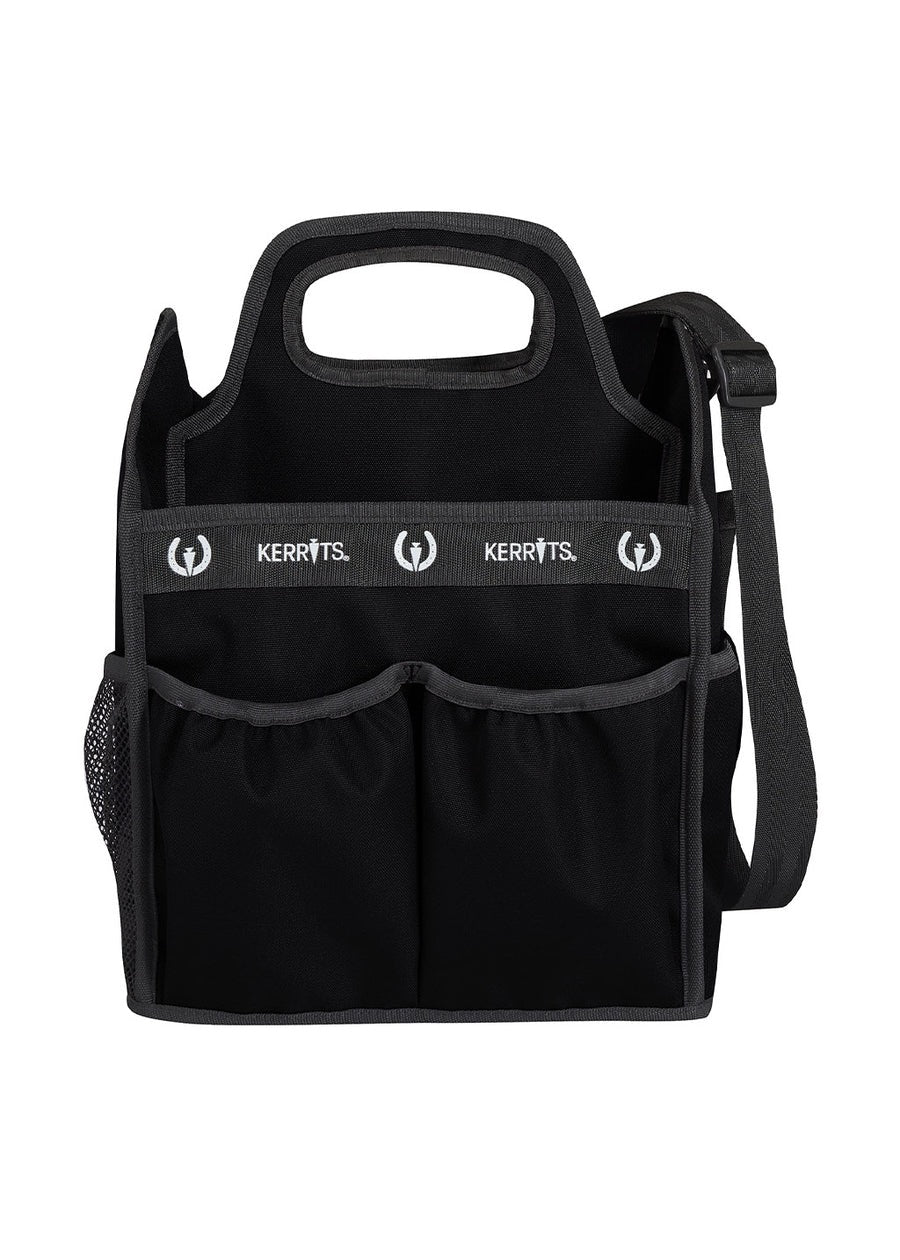 Kerrits branded equestrian grooming tote, Black with black trim. with white logo. Handles and shoulder strap.
